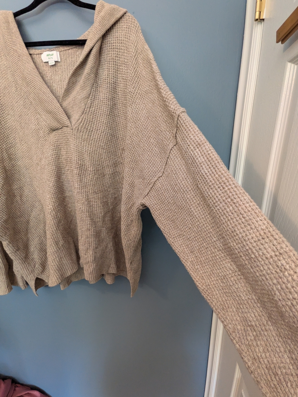 aerie Beige Taupe V-Neck Hooded Waffle Knit Sweater - Picture 3 of 8